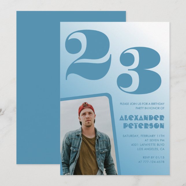 Blå överton 23-års födelsedagsinbjudningar Han Fot Inbjudningar (Fram/baksida)