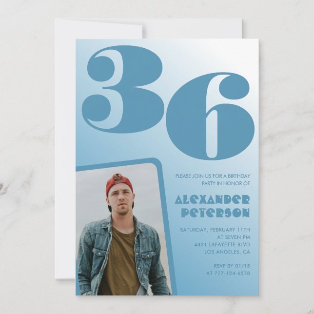 Blå överton 36-års födelsedagsinbjudningar Män Fot Inbjudningar (Framsida)