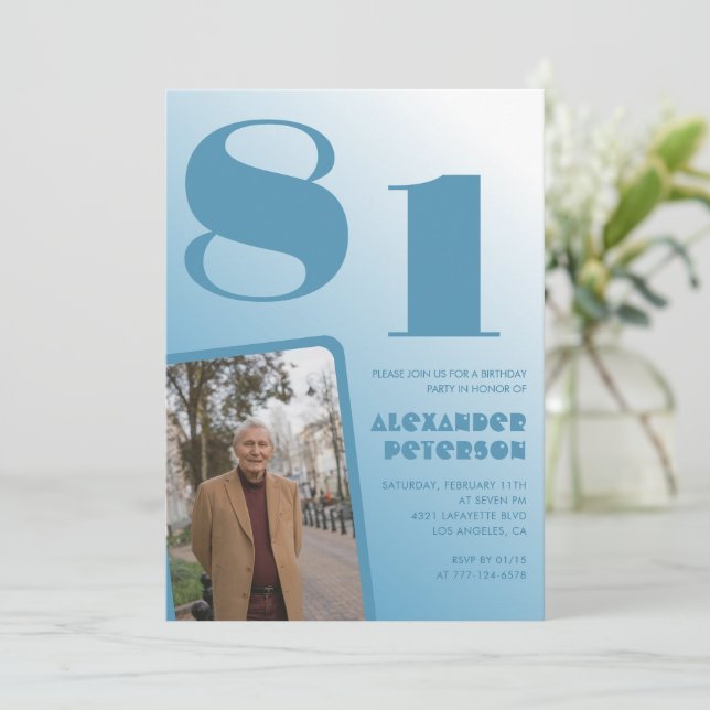 Blå överton 81-års födelsedagsinbjudningar Män Fot Inbjudningar (Stående Fram)