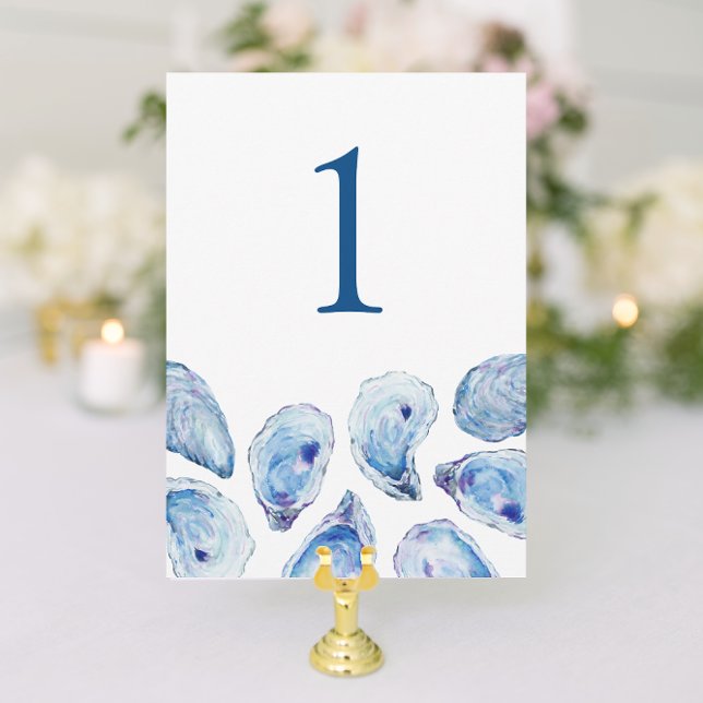 Blå Oyster Watercolor Bröllops Bordnummer Inbjudningar (Oyster Wedding Table Number with elegant blue watercolor illustrations from Concertina Press)