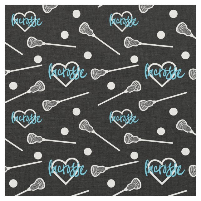 Blå på Black Lacrosse Sticks & Hearts Mönster Tyg (Närbild)