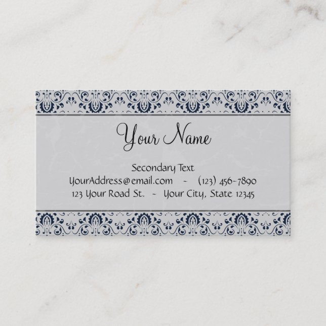 Blå på Silver Damask w Navy Rand och Monogram Visitkort (Framsida)