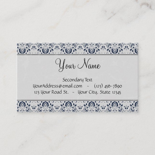 Blå på Silver Damask w Navy Rand och Monogram Visitkort (Framsida)