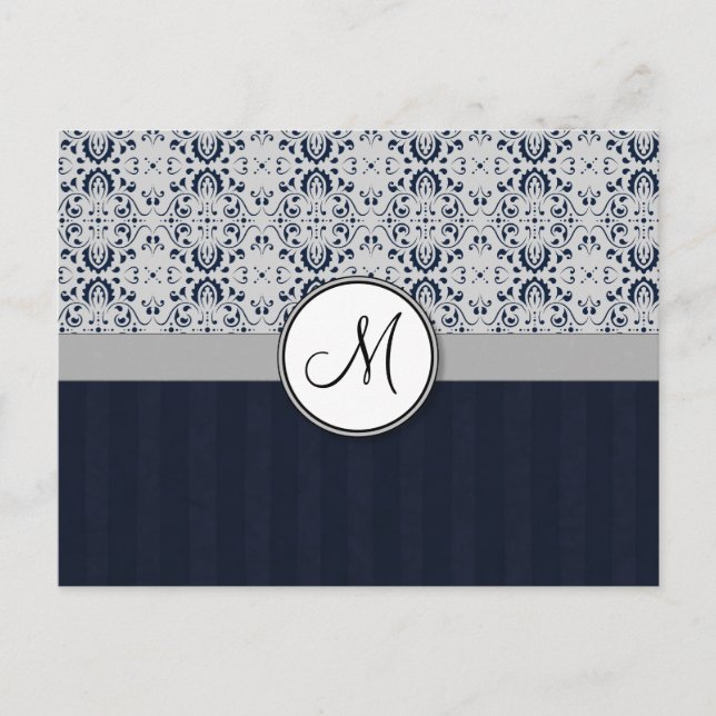 Blå på Silver Damask w Navy Rand och Monogram Vykort (Framsida)