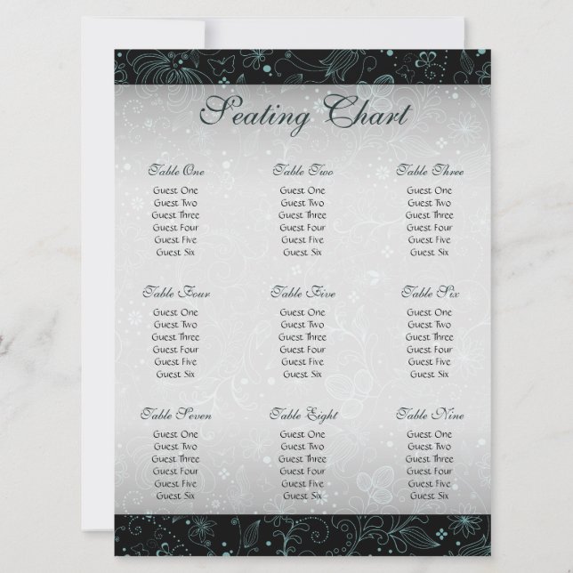 Blå på svart blomsterkant sittplatskarta inbjudningar (Baksida)