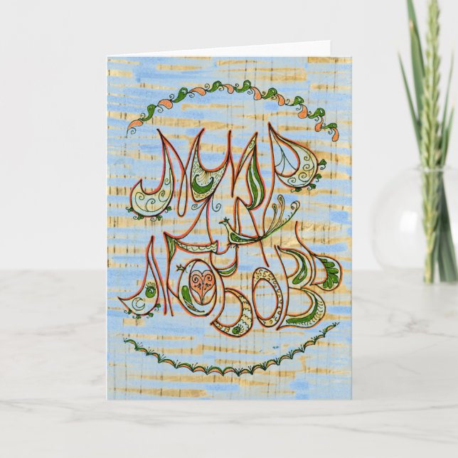 Blå på Wood Folk Art Peace & Kärlek Wish på ryska Helgkort (Framsida)