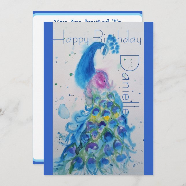 Blå påfågel akvarell födelsedagsinbjudan inbjudningar (Fram/baksida)