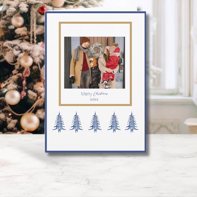 Blå Pagod Julgranar 1-Photo Kort (Blue Pagoda Christmas Trees 1-Photo Card)