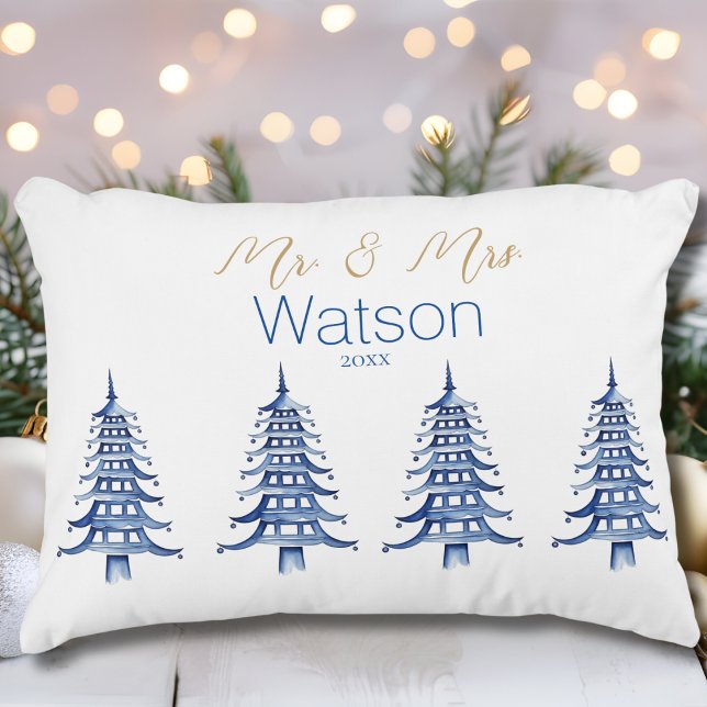Blå Pagoda Julgran Herr & Fru Prydnadskudde (Blue Pagoda Christmas Tree Mr. and Mrs. Accent Pillow)