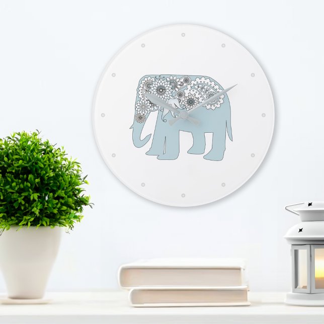 Blå Paisley Elefant Boho Chic Stor Klocka (Skapare uppladdad)