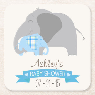 Blå palls Baby Elephant Baby Shower Underlägg Papper Kvadrat