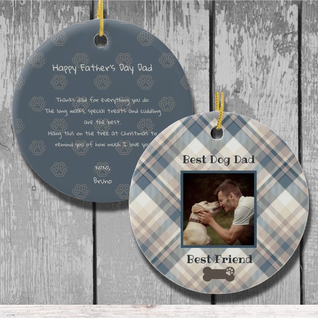 Blå palls bästa Hund-foto-Fars dag Julgransprydnad Keramik (A special ornament from the dog. Personalize with your favorite photo and name.  Happy Father's Day!)