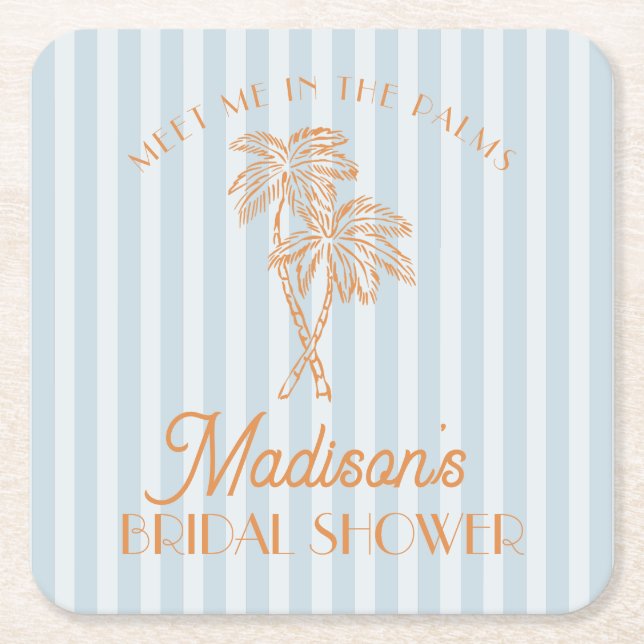 Blå Palm Spring Pastell Strand Bröllopsdusch Underlägg Papper Kvadrat (Framsidan)