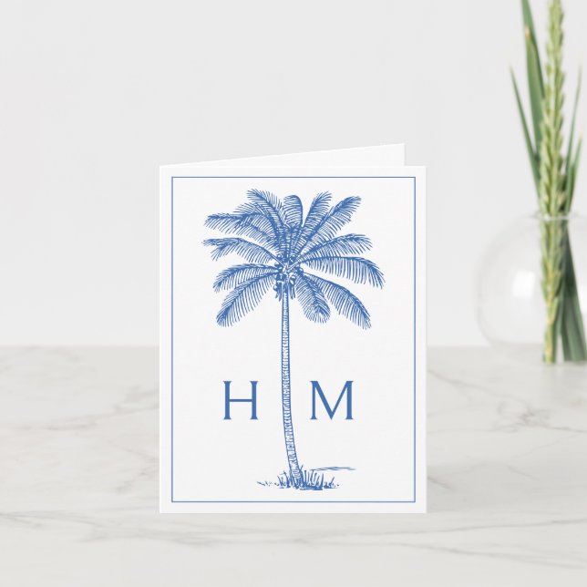 Blå Palmetto-palm Monogram Anteckningskort (Framsida)