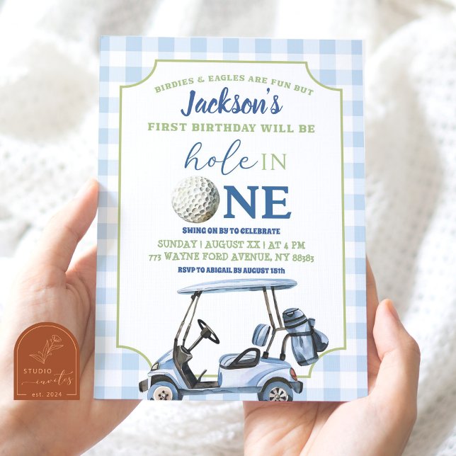 Blå palmhåla i en pojke första Golf Birthday Inbjudningar (Skapare uppladdad)