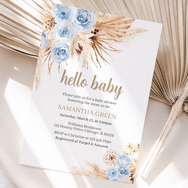 Blå Pampas Gräs Boho Baby Shower Inbjudningar (Skapare uppladdad)