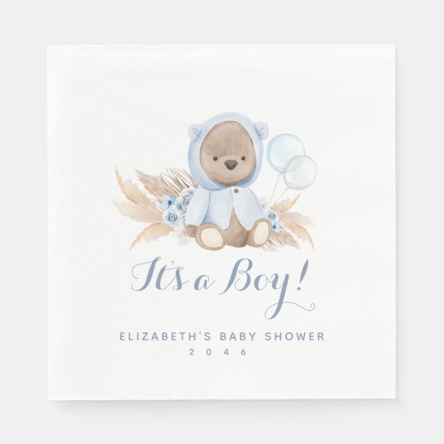 Blå pampas Grass Boho Bear Baby Shower Napkins Pappersservett (Framsidan)
