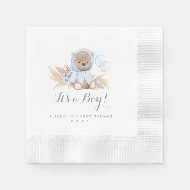 Blå pampas Grass Boho Bear Baby Shower Napkins Pappersservett (Framsidan)