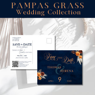 Blå Pampas Grass Bröllop spara datum Vykort