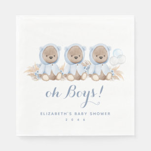 Blå pampas Grass Triplet Bear Baby Shower Napkins Pappersservett