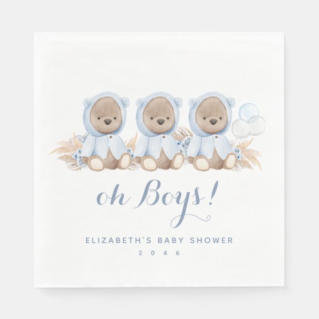 Blå pampas Grass Triplet Bear Baby Shower Napkins Pappersservett (Framsidan)