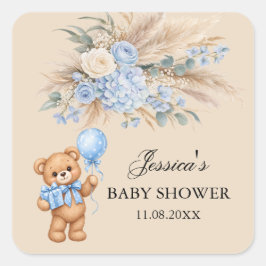 Blå Pampas Teddybjörn Rosor Baby Shower Fyrkantigt Klistermärke