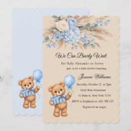 Blå Pampas Teddybjörn Rosor Baby Shower Inbjudningar