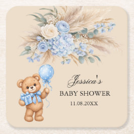 Blå Pampas Teddybjörn Rosor Baby Shower Underlägg Papper Kvadrat
