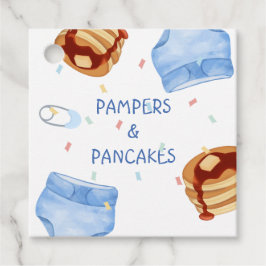 Blå pamrar och pannkakor tallrikar gåvor etiketter