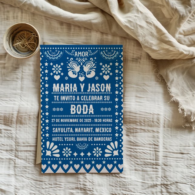 Blå Papel Picado Fiesta Folk Art Spansk Bröllopsin Inbjudningar (Blue Papel Picado Fiesta Folk Art Spanish Wedding Invitation)