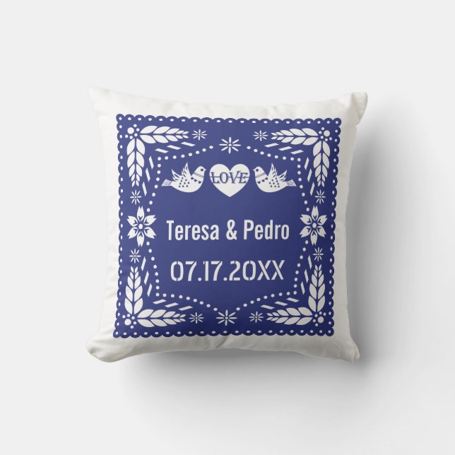 Blå papel picado love birds bröllop fiesta kudde (Framsida)