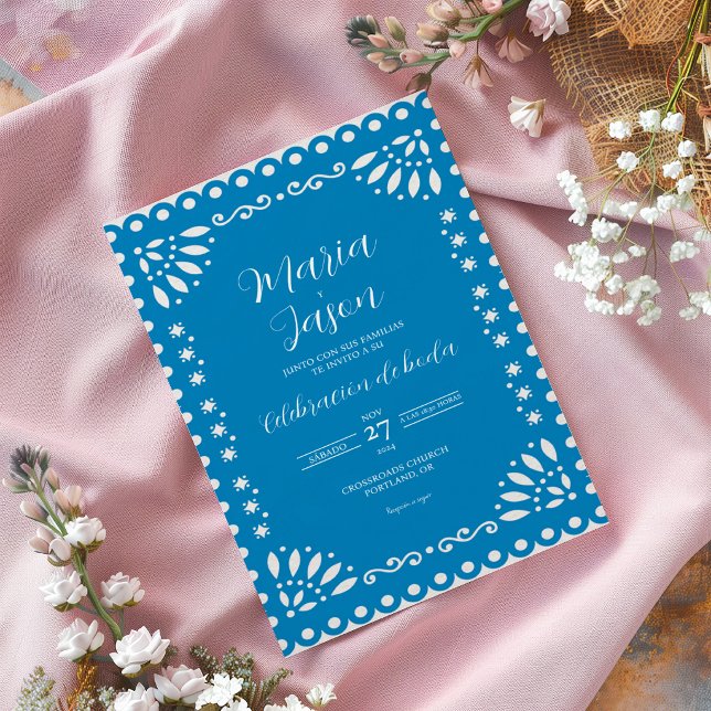 Blå Papel Picado Traditionell Boda Spansk Bröllops Inbjudningar (Blue Papel Picado Traditional Boda Spanish Wedding Invitation)