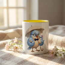 Blå Pappa Fågel och Baby Fåglar Kaffemugge