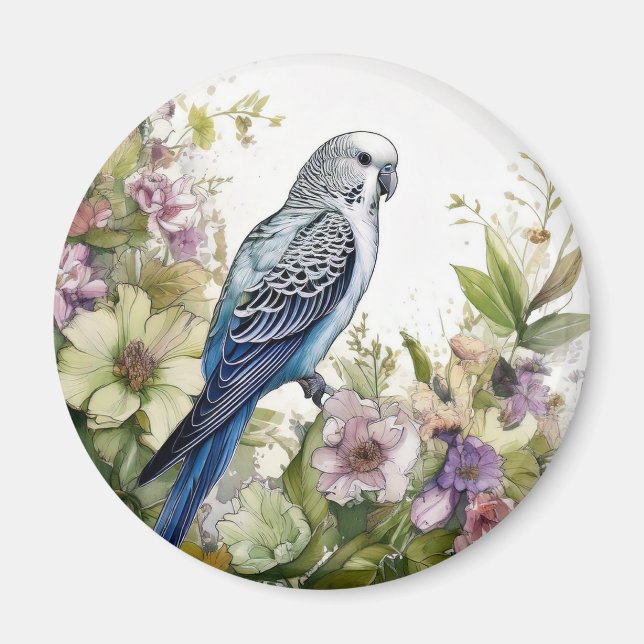 Blå parakeet och Blommor Magnet (Framsidan)