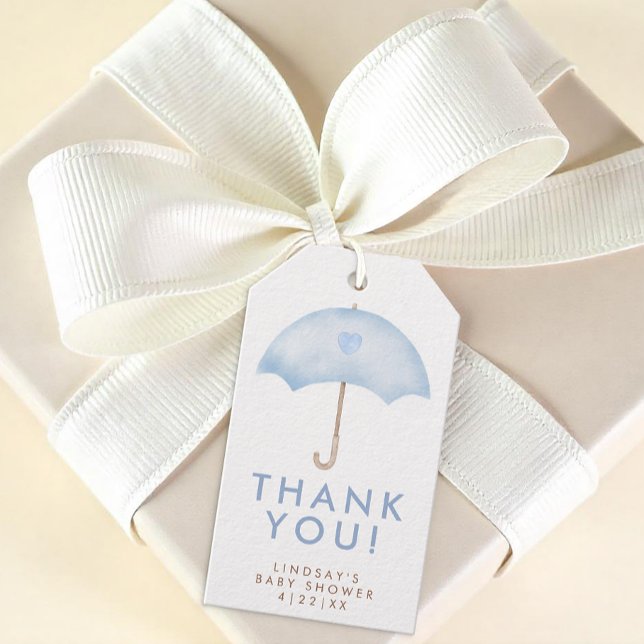 Blå paraply Sprinkle Baby Shower Favor-märke Presentetikett (Blue Umbrella Baby Shower Thank You Gift Tag)