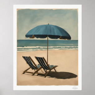 Blå paraply vid havet och strandstolar Oljemålning Poster