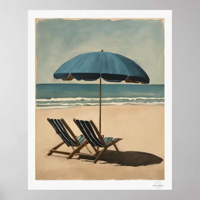 Blå paraply vid havet och strandstolar Oljemålning Poster (Framsidan)