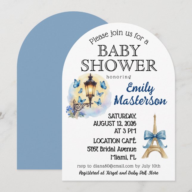 Blå, Parisiskt, Pojke Baby Shower Inbjudan (Fram/baksida)