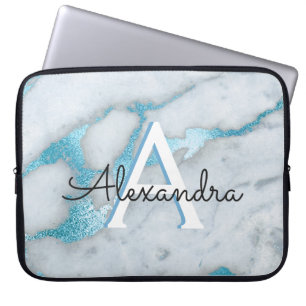 Blå pärla och vit marmor, monogrammad laptop fodral