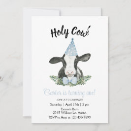 Blå Party-hatt-ko med inbjudan att skriva ut färg