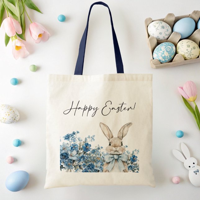Blå Påskhare Tygkasse (Blue Floral Easter Bunny Tote Bag)