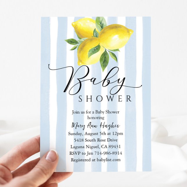 Blå pastel Rand Lemon Baby Shower Inbjudningar (Skapare uppladdad)