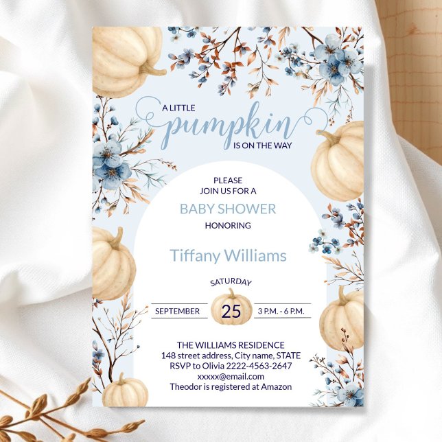 Blå pastel Watercolor Pumpkin fall vild blommor Inbjudningar (Blue Rustic Pumpkin Baby Shower Invitation | Neutral Fall Floral Autumn Theme)