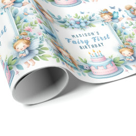 Blå Pastell Blommig Fe Första Födelsedag - Presentpapper