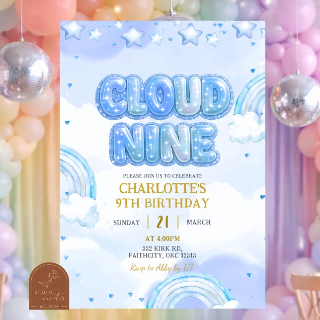 Blå Pastell Cloud Nine Födelsedag Inbjudningar (Skapare uppladdad)