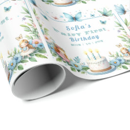 Blå Pastell Fjärilsflicka Första Födelsedag - Presentpapper