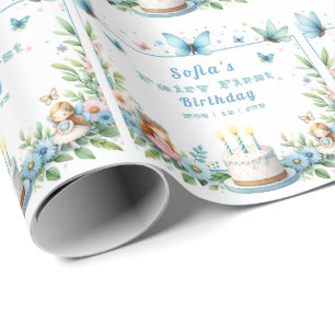 Blå Pastell Fjärilsflicka Första Födelsedag - Presentpapper