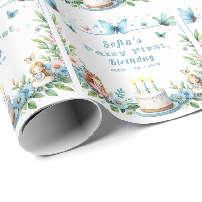 Blå Pastell Fjärilsflicka Första Födelsedag - Presentpapper (Rullad Hörn)