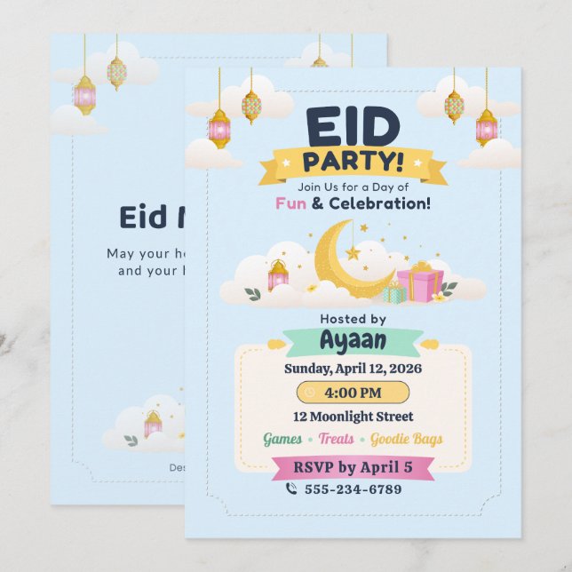 Blå Pastell Himlen Barn Eid Fest Måne & Lyktor Inbjudningar (Fram/baksida)