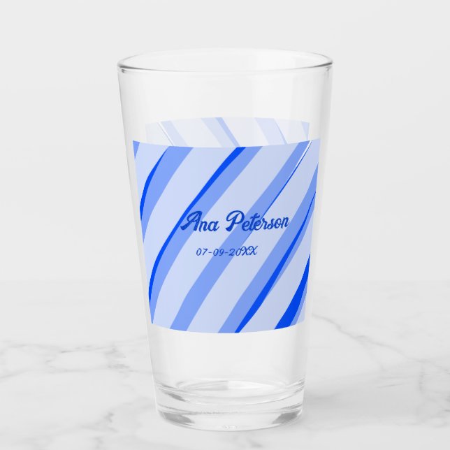 Blå pastell lägg till namn datum boho retro linjer glaskopp (Framsida)